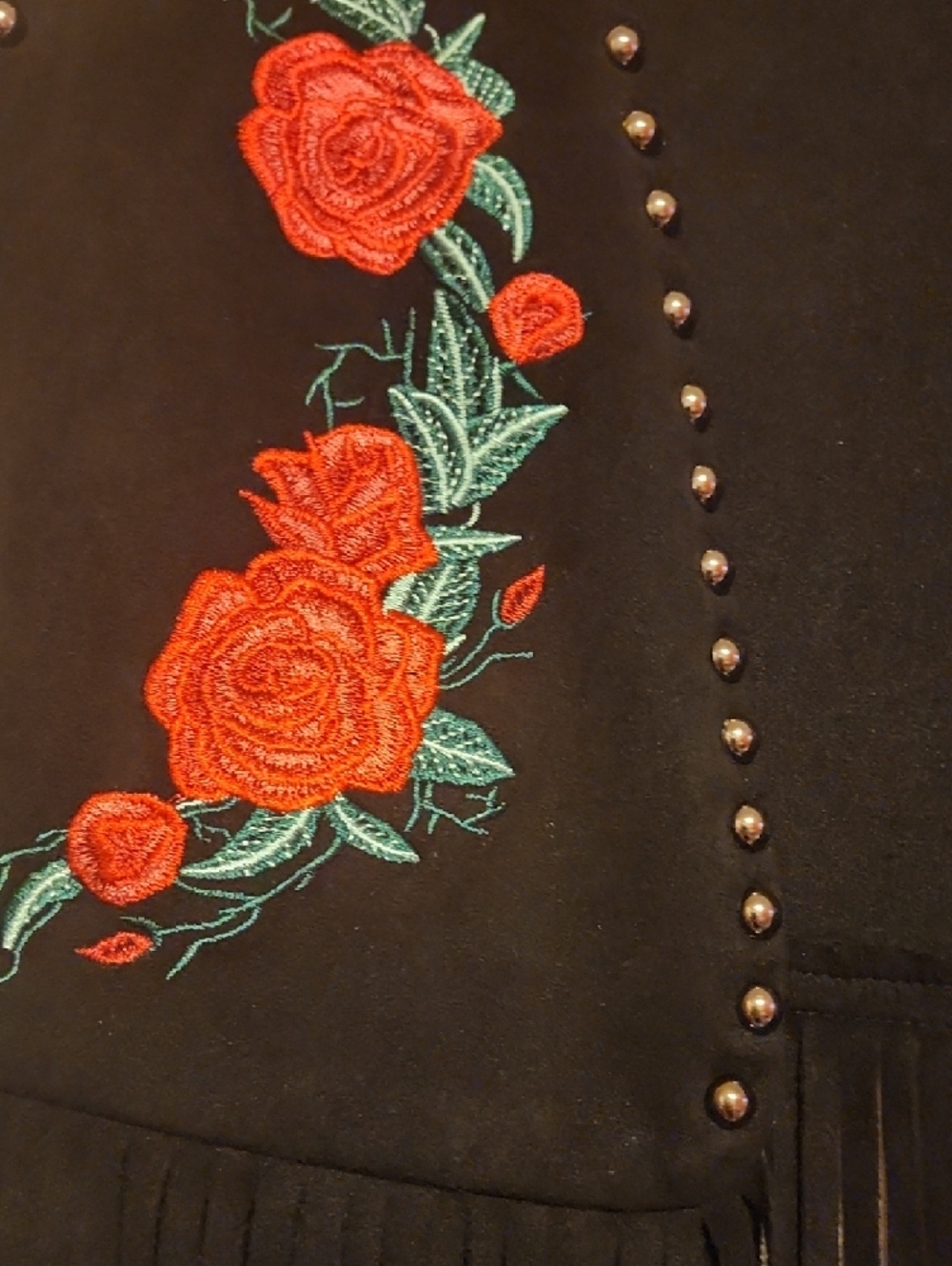 Vocal Black Fringe Vest with Red Rose Embroidery - Picture 2 of 5